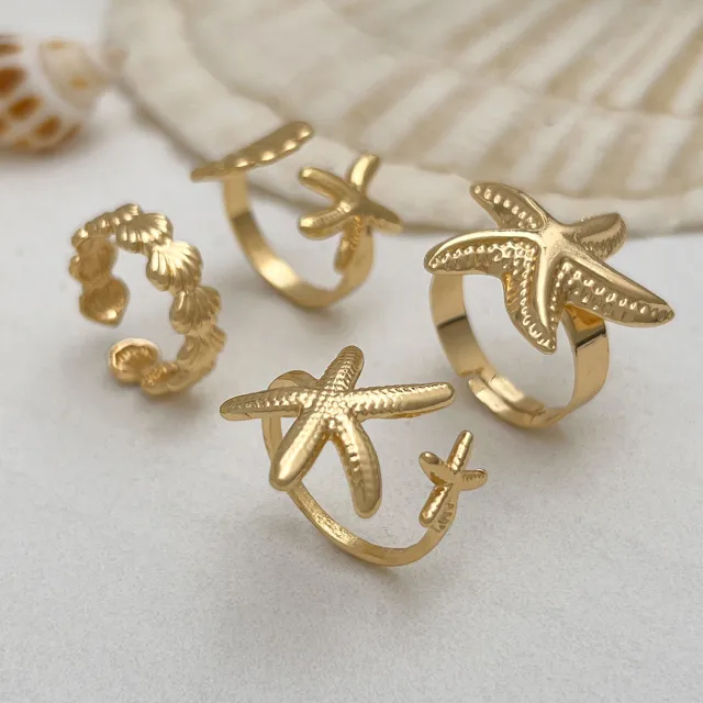 Vacation Style Starfish Fan Shell Ring Set 01 Light Gold 5923 - Shop at LoveMi