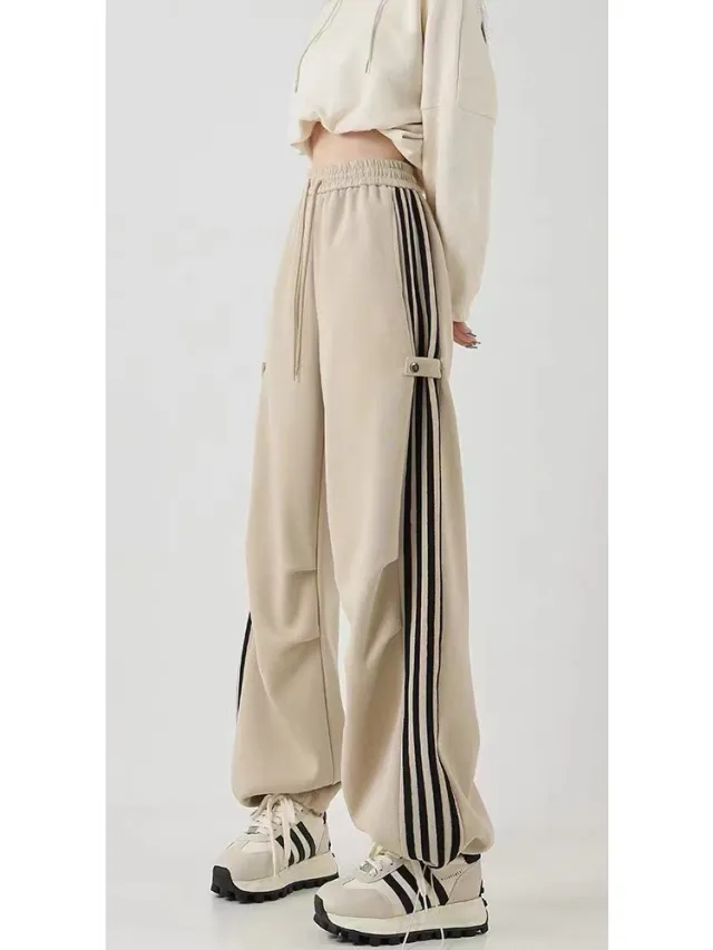 Composite American Striped Wide leg Workwear Sweatpants Khaki - Shop at LoveMi