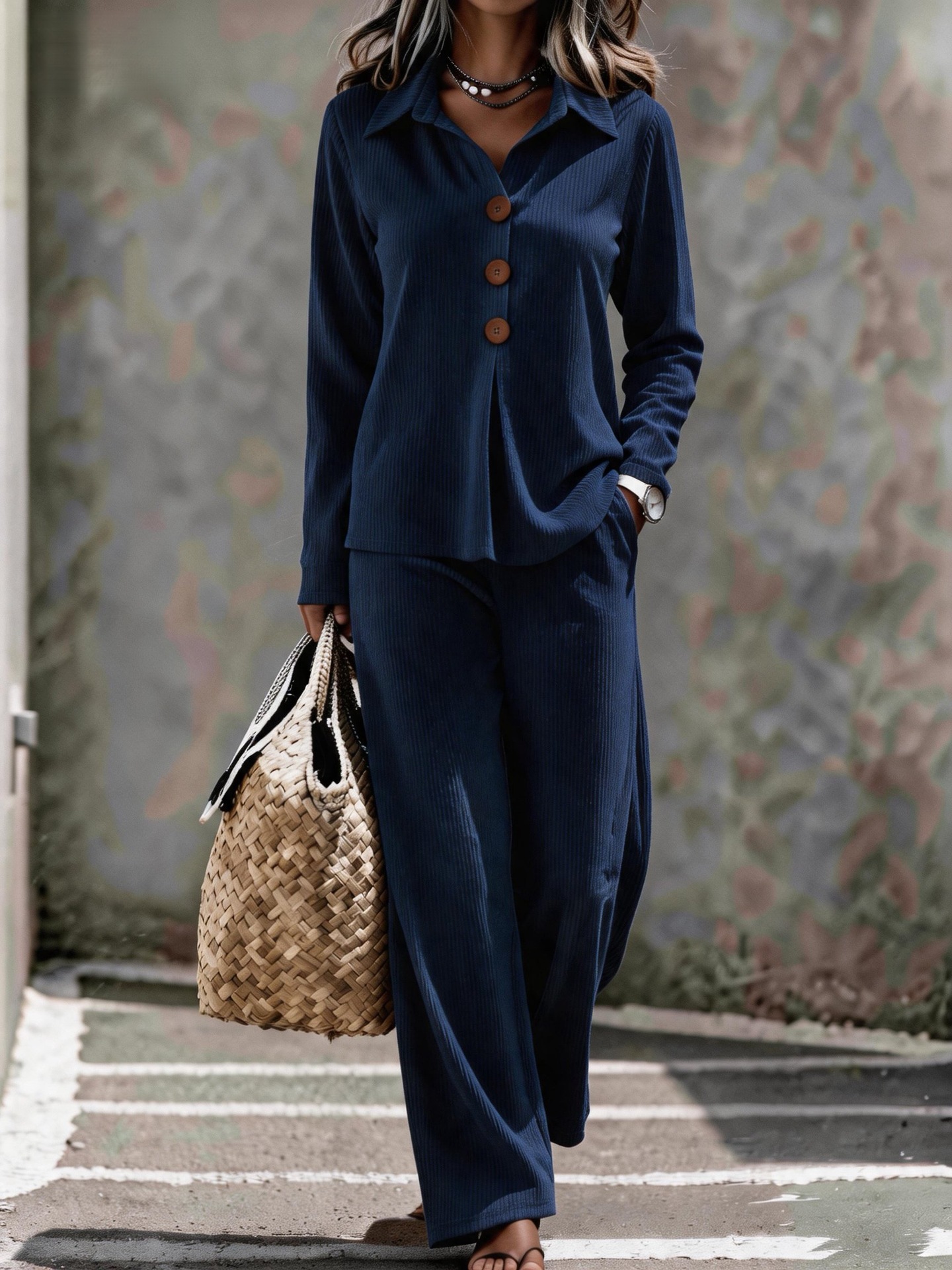 V-neck Button-down Casual Top And Wide-leg Trousers Two-piece Set