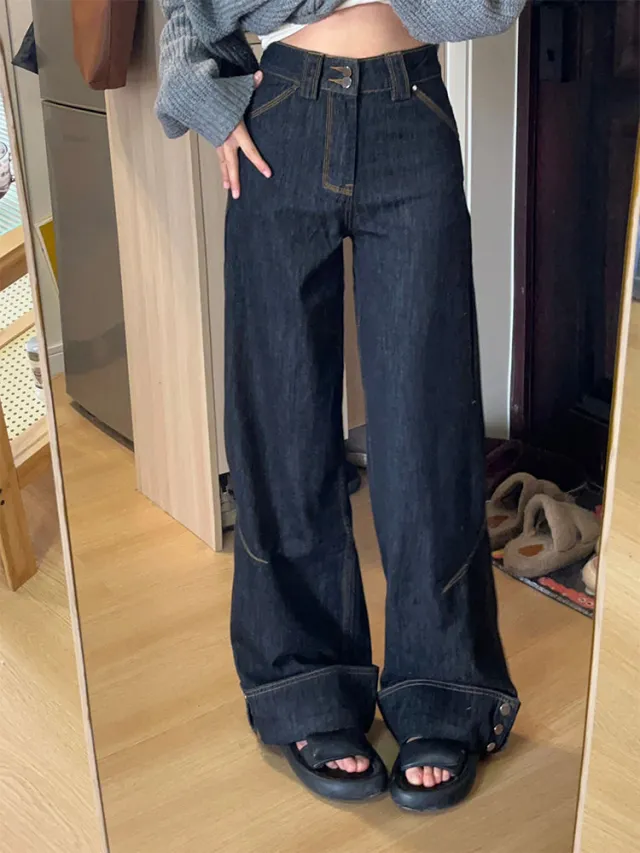Retro High Street Denim Turn Over Button Straight Loose fitting Mopping Pants Women - Shop at LoveMi