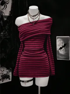 Off-shoulder Striped Long-sleeve Boat Neck Knit Short Dress - Wine Red - View 1
