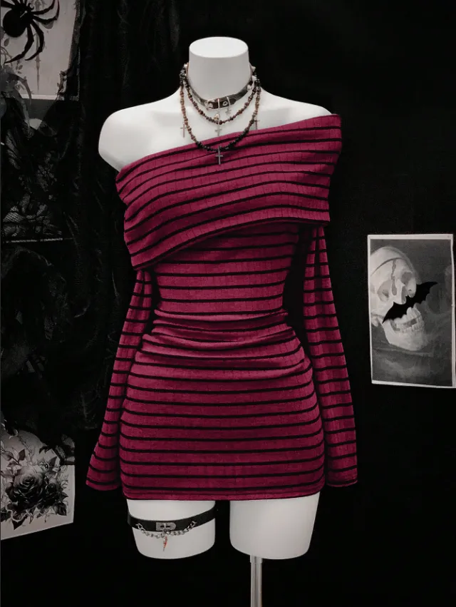 Off shoulder Striped Long sleeve Boat Neck Knit Short Dress Wine Red - Shop at LoveMi