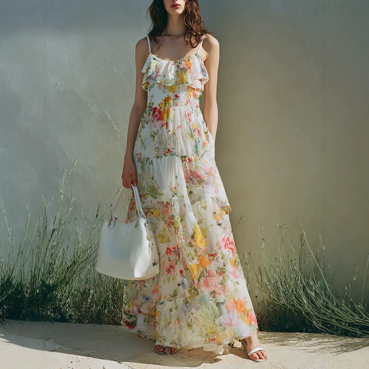 Summer Dress With A Long Bow Floral Print And Layered Chiffon