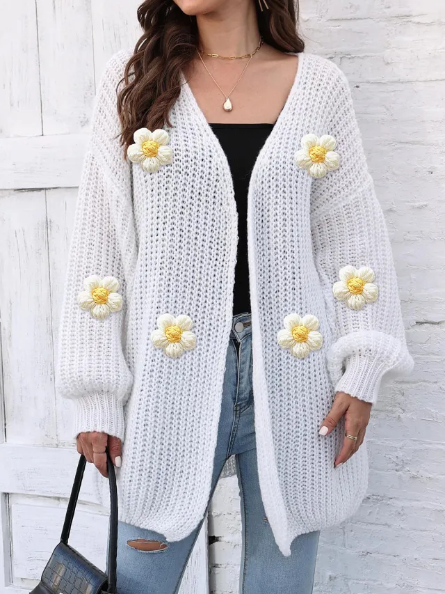 Women's Thick Coat Thick Needle Woven Sweater White 6 Big Flowers - Shop at LoveMi