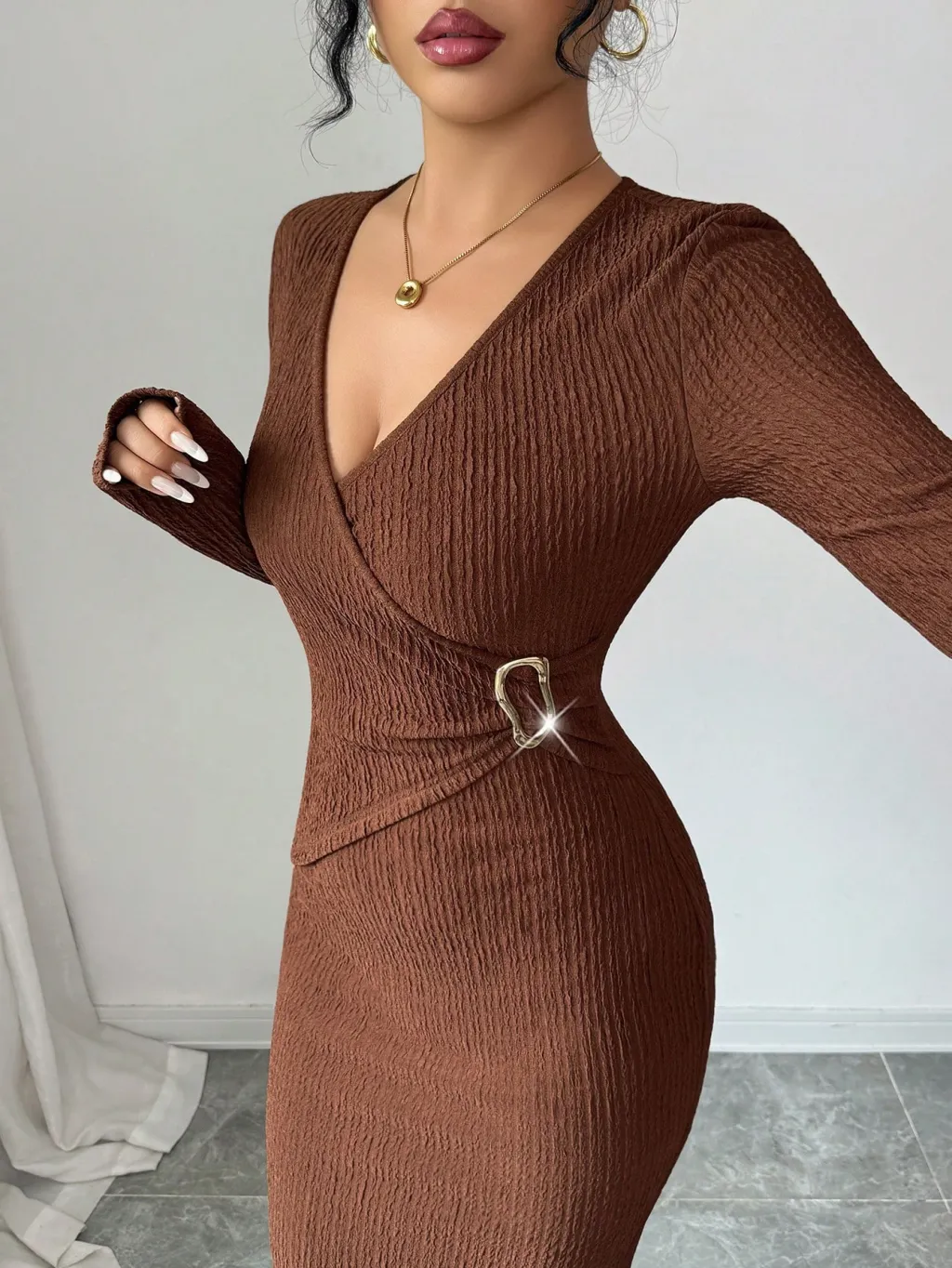 Cross-collar Knit Texture Slim-fit Slimming Dress - Coffee