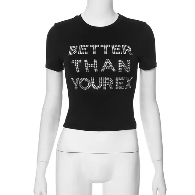 Round Neck All matching Letter Printing Midriff baring Short Sleeve Black - Shop at LoveMi