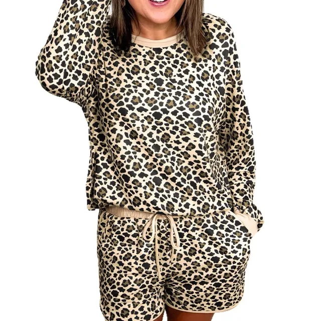 Women's Leopard Print Casual Drawstring Two piece Set Brown - Shop at LoveMi