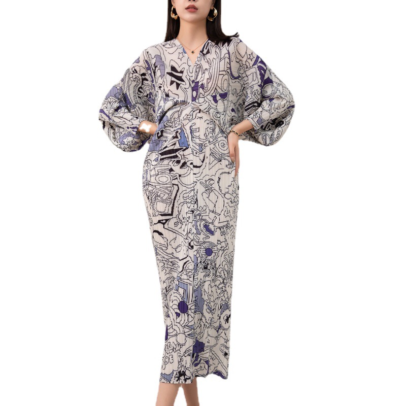 Pleated Duck Print Batwing Sleeve Fashion Dress