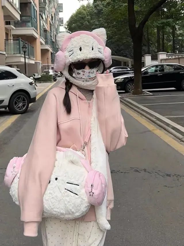 Cute Earphone Cat Backpack Plush Student Travel All matching White - Shop at LoveMi