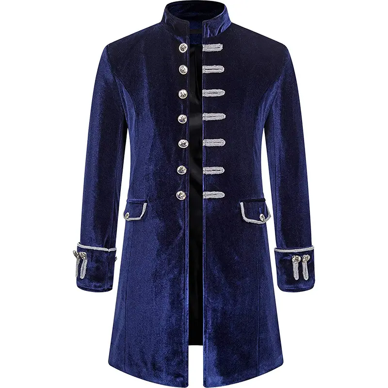 Mens Solid-Color Steampunk Velvet Uniform Stand-Up Collar