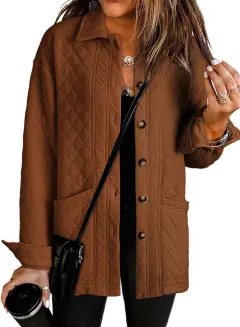 Women's Casual Quilted Jacket Button Long Sleeve Shirt With Pocket Coat - Brown - View 1