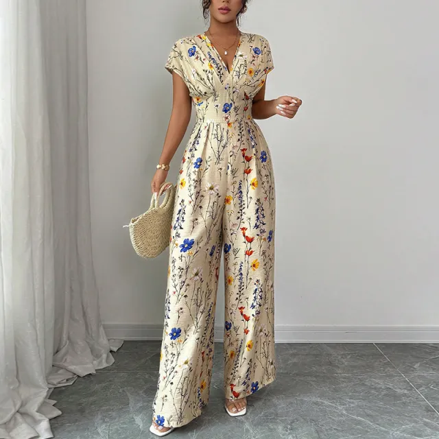 Autumn Short sleeved Waist cinching Wide leg Pants Apricot - Shop at LoveMi
