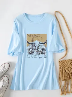Casual Women's Round Neck Loose Short Sleeves - Light Blue - View 1