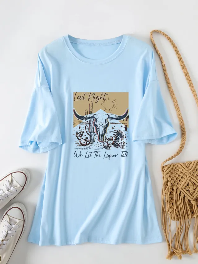 Casual Women's Round Neck Loose Short Sleeves Light Blue - Shop at LoveMi
