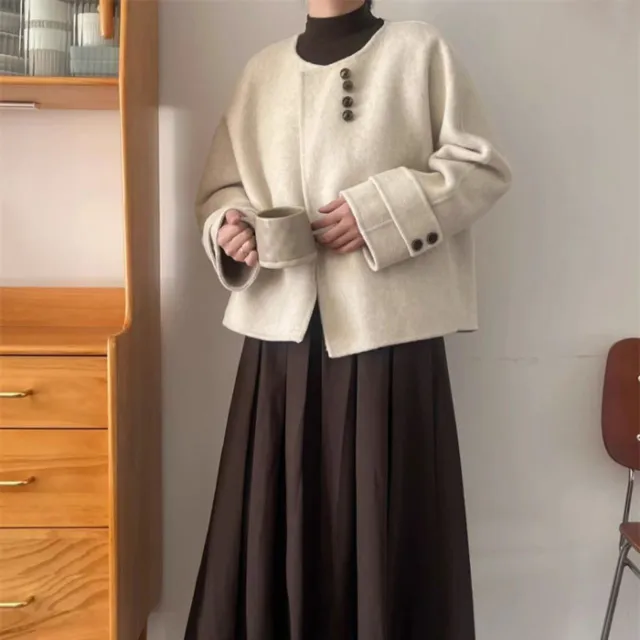 Autumn And Winter New Design Sense Creamy white Short Woolen Coat Women Beige White - Shop at LoveMi