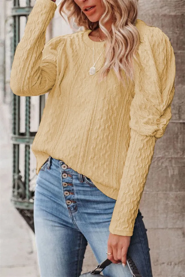 Women's Solid Color Jacquard Round Neck Gigot Sleeve Knitted Sweater Top Light Yellow - Shop at LoveMi