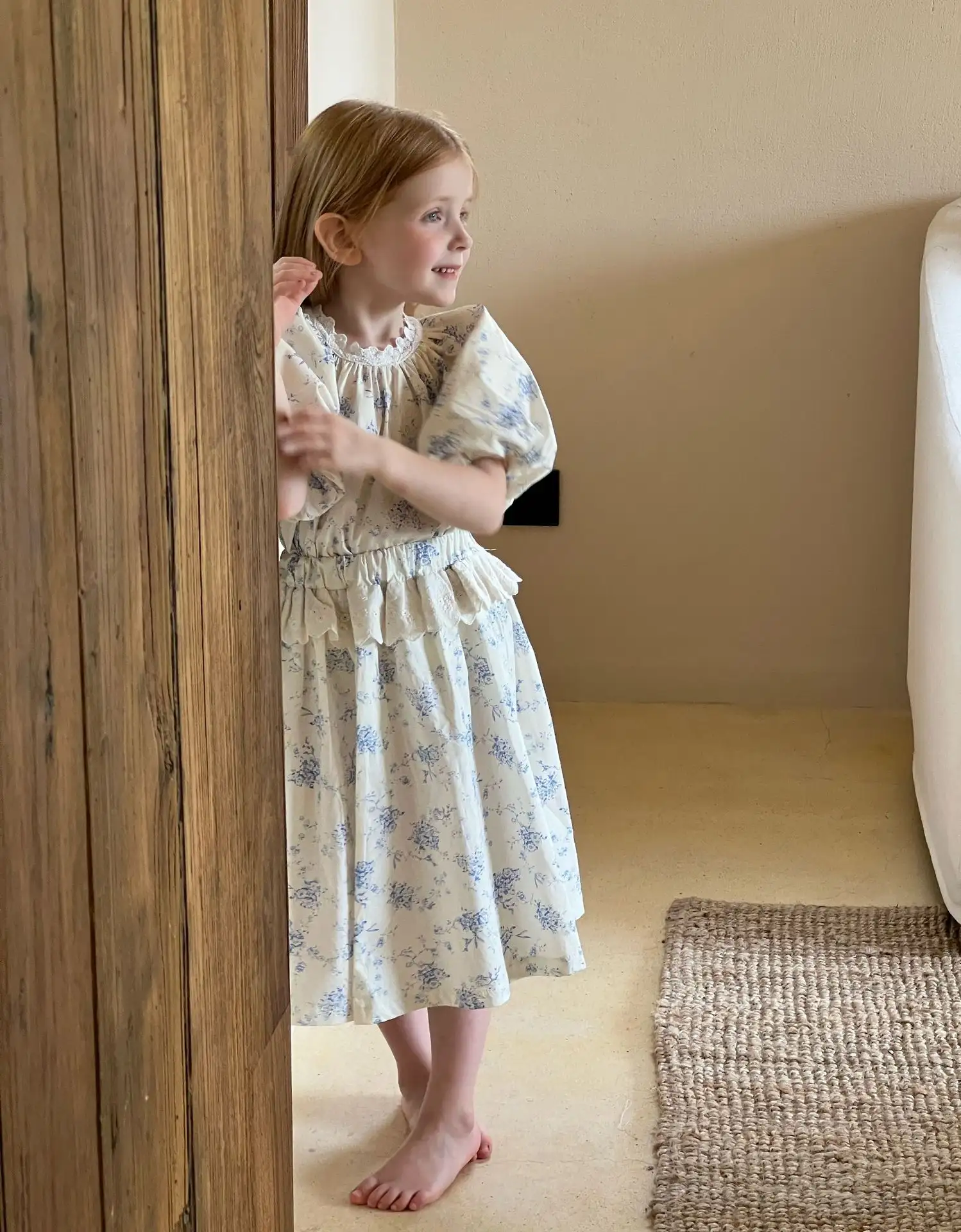 Girls' Cotton Lace Collar Floral Short Sleeve Skirt