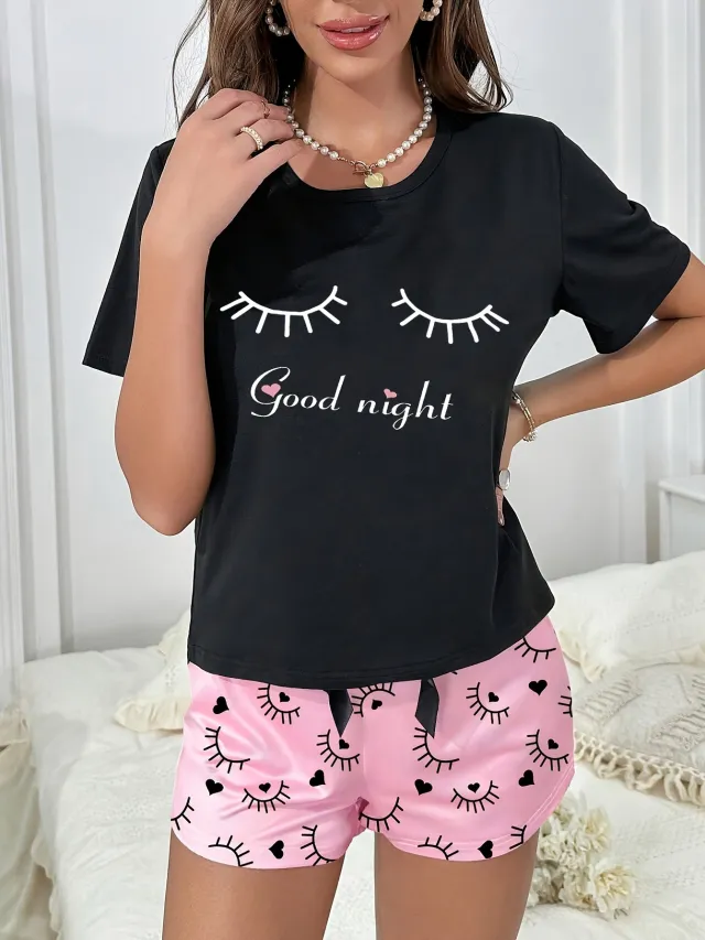 Black Short sleeve Shorts Set With Eyelash Print Loose fitting And Casual For Home Wear Black - Shop at LoveMi