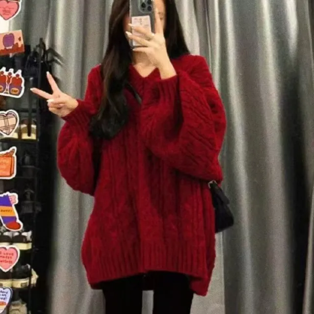 Autumn And Winter Women's Loose And Lazy Style Knitwear Top Sweater Red - Shop at LoveMi