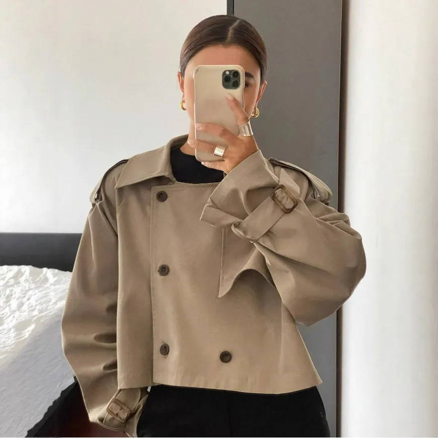 Classic Retro Short Trench Coat Ladies - Khaki