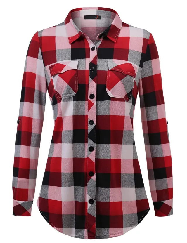 Plaid Pouch Button Cuff Comfort And Casual Printed Women's Shirt Deep Red - Shop at LoveMi