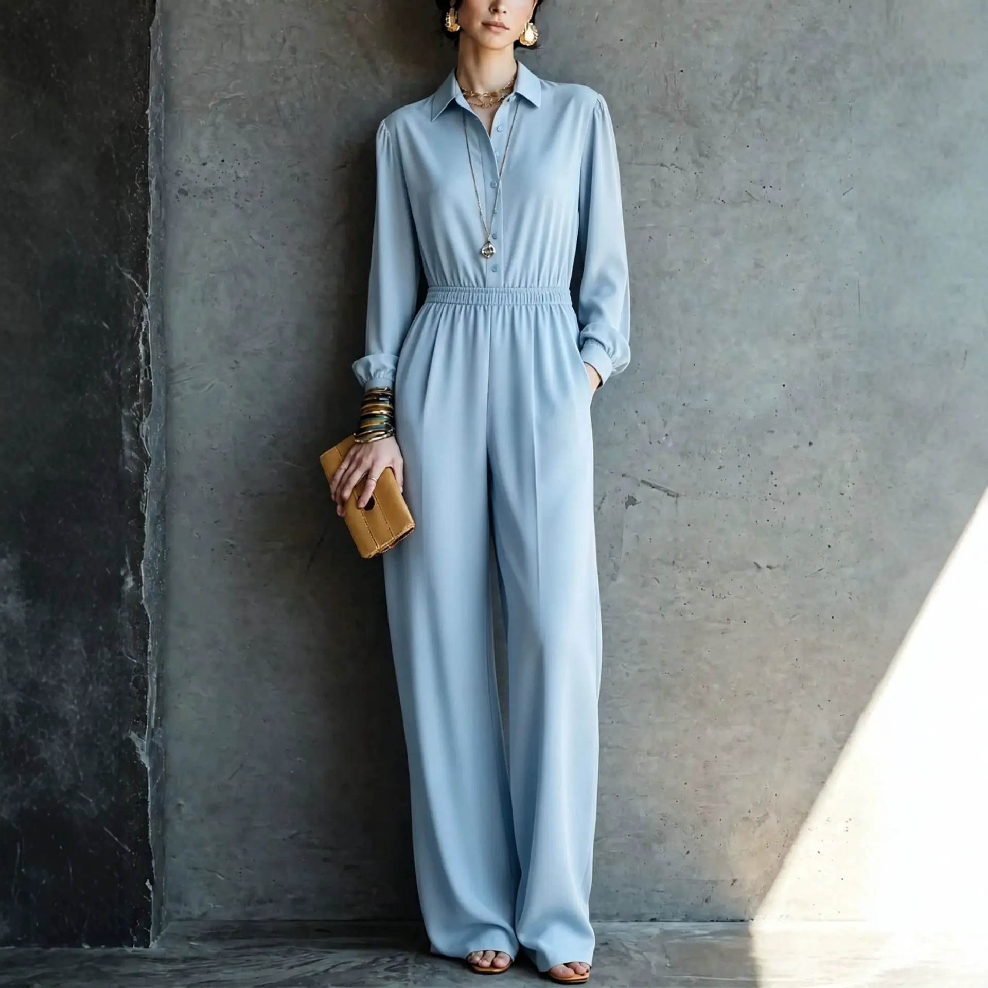Shirt Collar Button Long Sleeve High-waisted Trousers