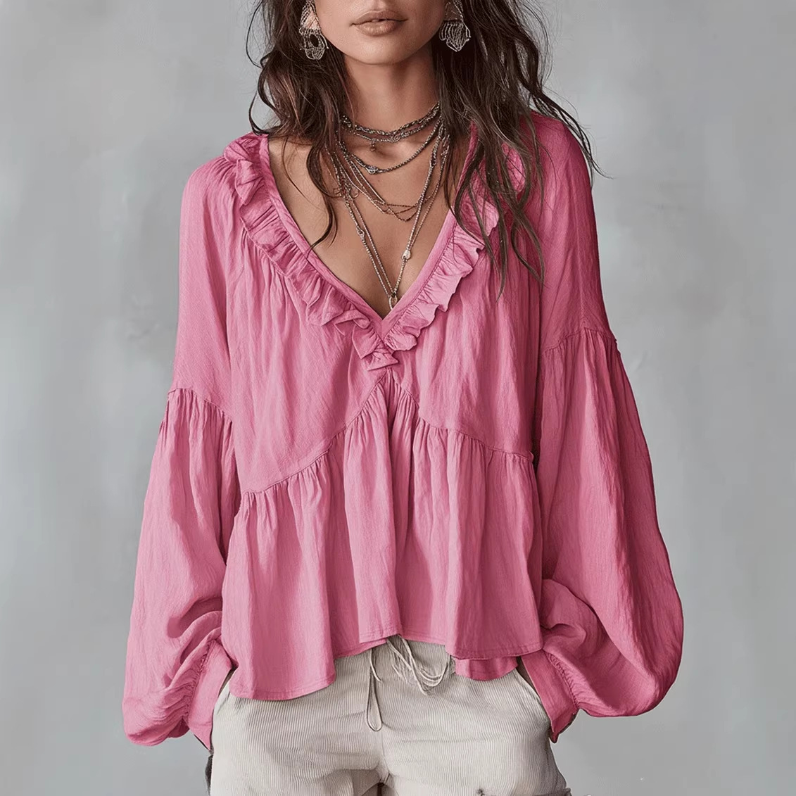 Ruffle-trimmed Puff-sleeve Pleated Blouse