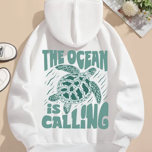 Turtle Print Hoodie Drawstring Sweatshirt Suitable For Women In Winter And Autumn White - Shop at LoveMi