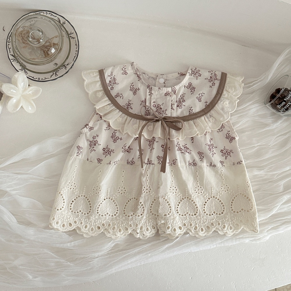 Infant And Toddler Floral-print Patchwork Lace Sleeveless Doll-style Top