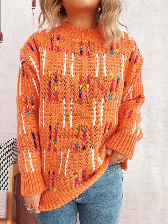 Contrast Color Cute Style Knitted Pullover Sweater For Women Orange - Shop at LoveMi