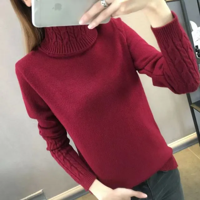 Turtleneck Cable knit Pullover Thickened Slim Fit Slimming Sweater Wine Red - Shop at LoveMi