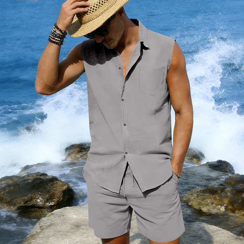Mens Linen Sleeveless Shirt And Shorts Set