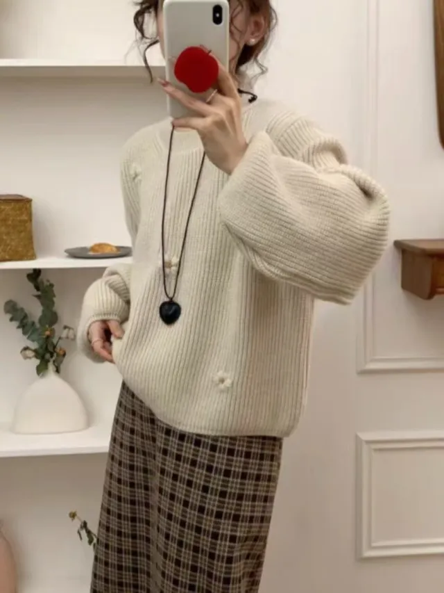 Loose And Lazy Style High grade Korean Style Vintage Embroidered Flower Pullover Sweater Beige - Shop at LoveMi