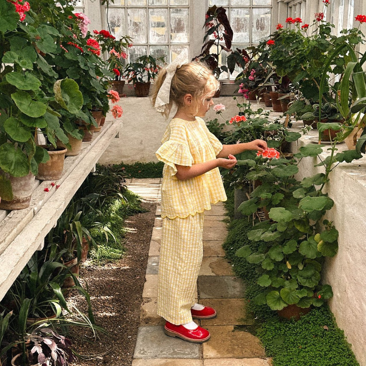 Summer Nordic-style Ruffle-sleeve Yellow Plaid Loose Short-sleeve Kids Set