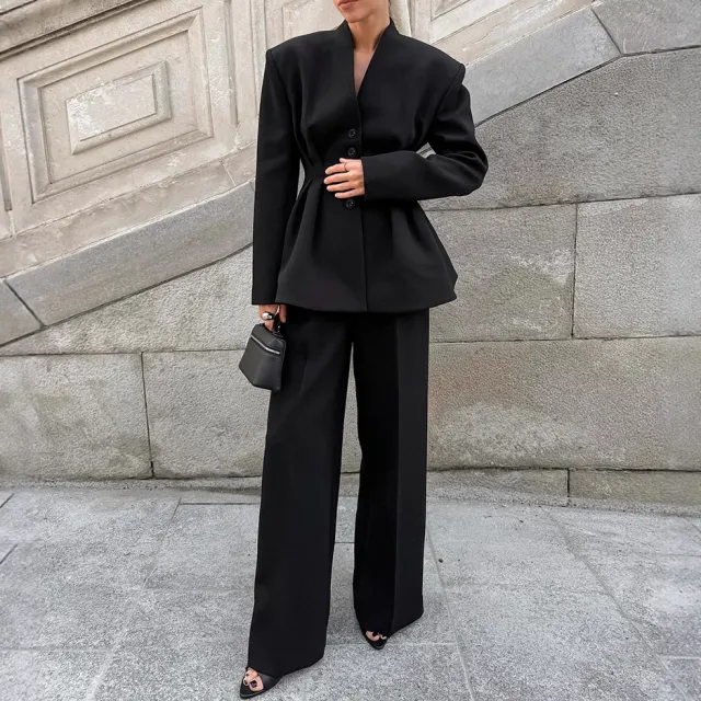 Black Long Sleeve V neck Pleated Waist Tight Suit Jacket Trousers Two piece Set Black - Shop at LoveMi