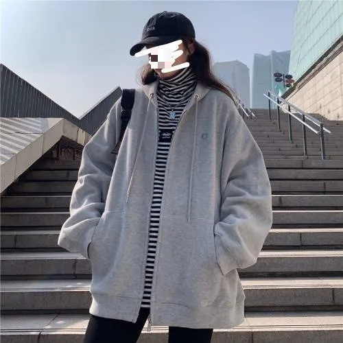 Hoodie Coat Autumn Design Sense Niche Loose Slimming Casual Petite Top Light Grey - Shop at LoveMi