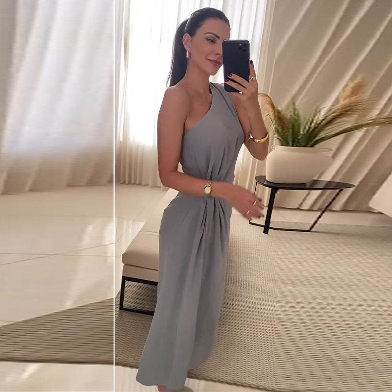 Diagonal Collar Sleeveless Pleated Long Waist Dress