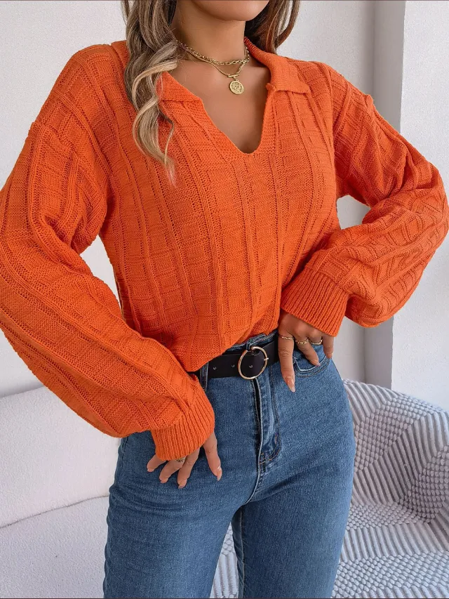 Casual Polo Collar Solid Color Plaid Long Sleeve Knitted Pullover Sweater Orange - Shop at LoveMi
