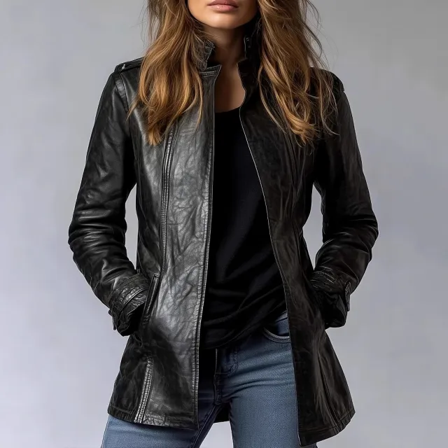 Women's Stand Collar Long Sleeve Distressed Fashion Leather Jacket Coat Tan - Shop at LoveMi