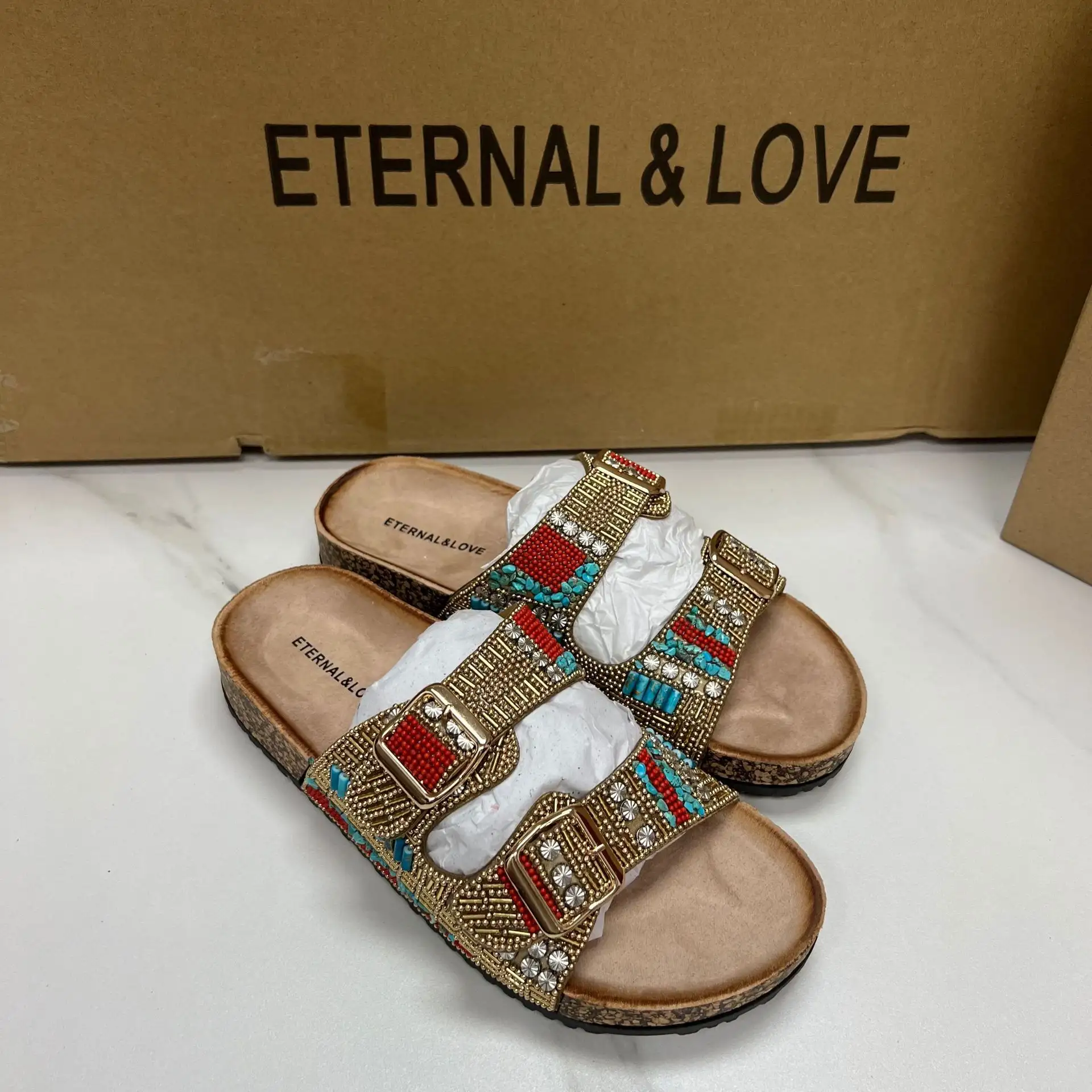 New Retro Ethnic Style Gold Buckle Spot Drill Decorative Women's Slippers Flip Flops