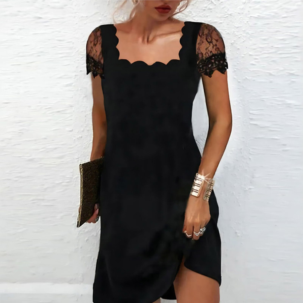 Women's Fashion Lace Short Sleeve Slim Fit Pure Color Slimming Dress