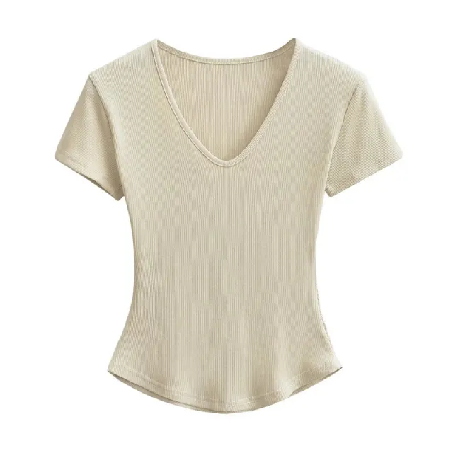 Sweet Cool Solid Color Slim V neck Shoulder Short Sleeve Curved Hem Apricot - Shop at LoveMi