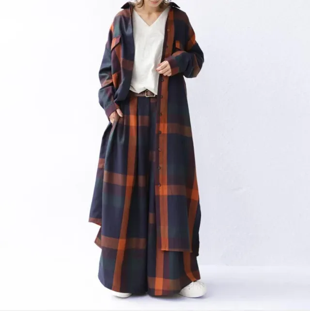 Elegant Plaid Long sleeved Cardigan Wide leg Pants Two piece Set Picture Color Free Size - Shop at LoveMi