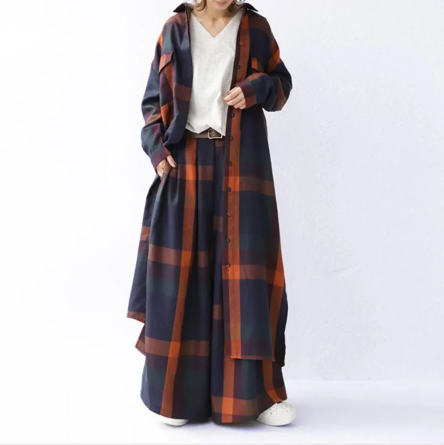 Elegant Plaid Long-sleeved Cardigan Wide-leg Pants Two-piece Set - Picture Colour-Free Size