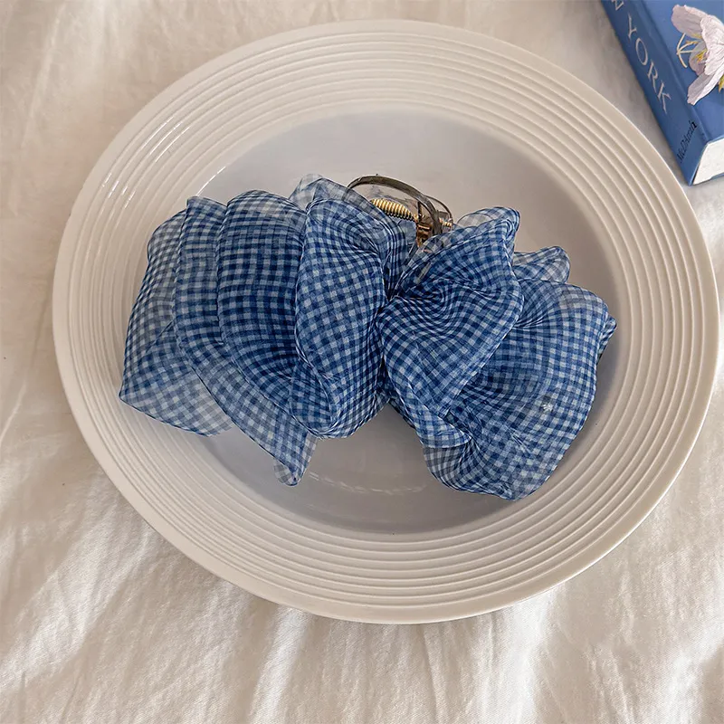 Tibetan Blue Grid Seersucker Back Head Shark Clip Fashion Hairpin - Grip