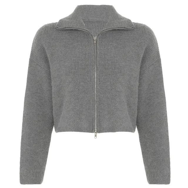American Simple Style Loose Zip Cardigan Sweater Coat For Women Gray - Shop at LoveMi