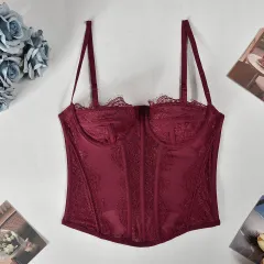 Lace Plastic Bones Body Shaping Tube Top Hollow Backless Camisole - Wine - View 1