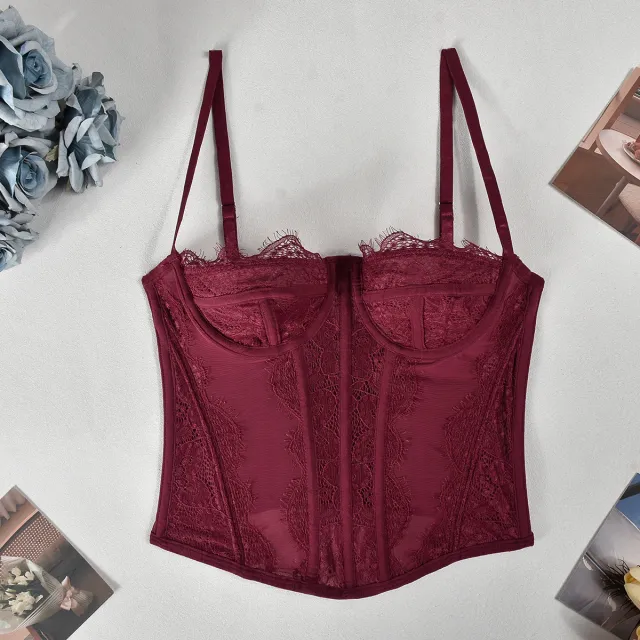Lace Plastic Bones Body Shaping Tube Top Hollow Backless Camisole Wine - Shop at LoveMi