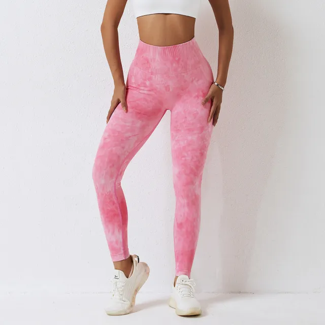 Seamless High Waist Peach Sports Trousers Waist One piece Splash dyeing Yoga Trousers Pink - Shop at LoveMi