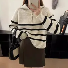 Casual Half Zipper And Lapel Coat Women's Striped Long-sleeved Sweater - Black - View 1